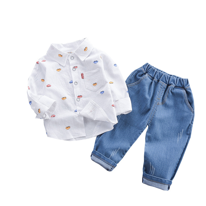 Children's Casual Shirt Two-Piece Set Autumn Fashion Korean Style Boy's Outfit Soft Cotton Long Sleeve Animal Cartoon Print