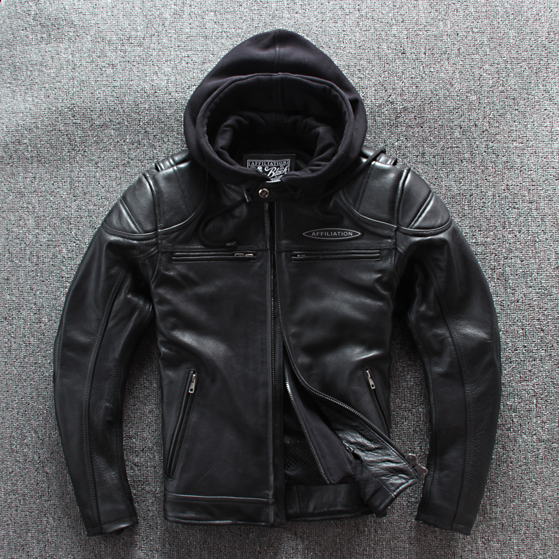 Autumn and Winter New Genuine Leather Jacket Men's Top Layer Cowhide Knitted Hooded Collar Harley Motorcycle Suit Motorcycle Leather Jacket - ShopShipShake