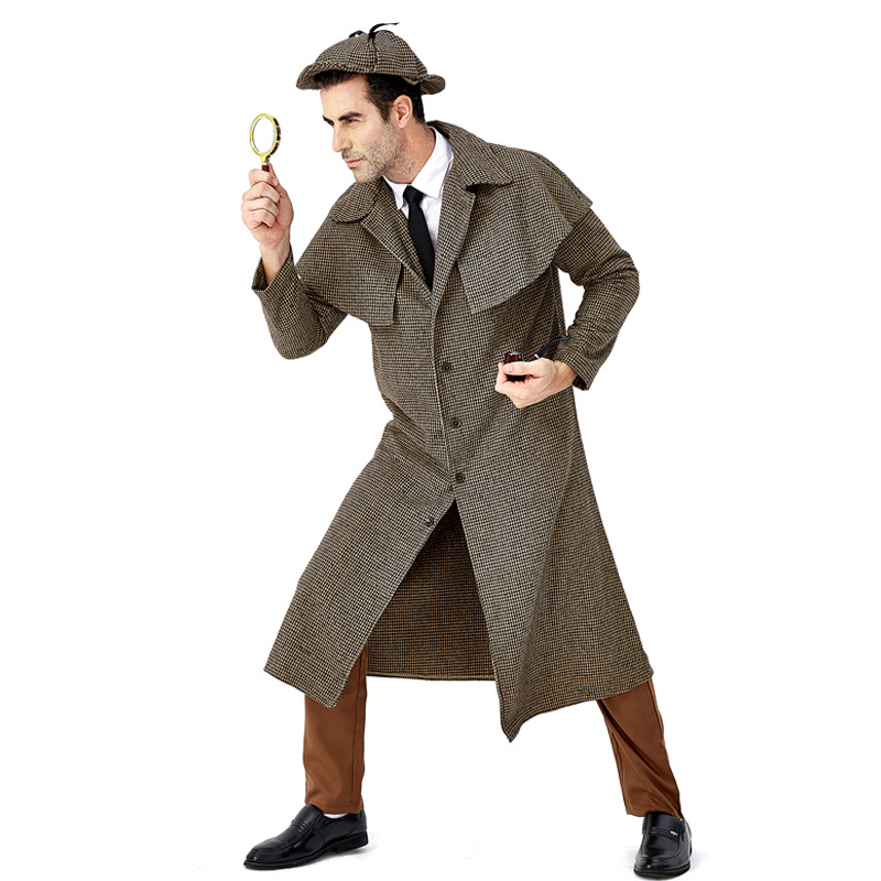 Halloween Male Movie Character Detective Sherlock Holmes Plays Costume British Plaid Turtleneck Coat