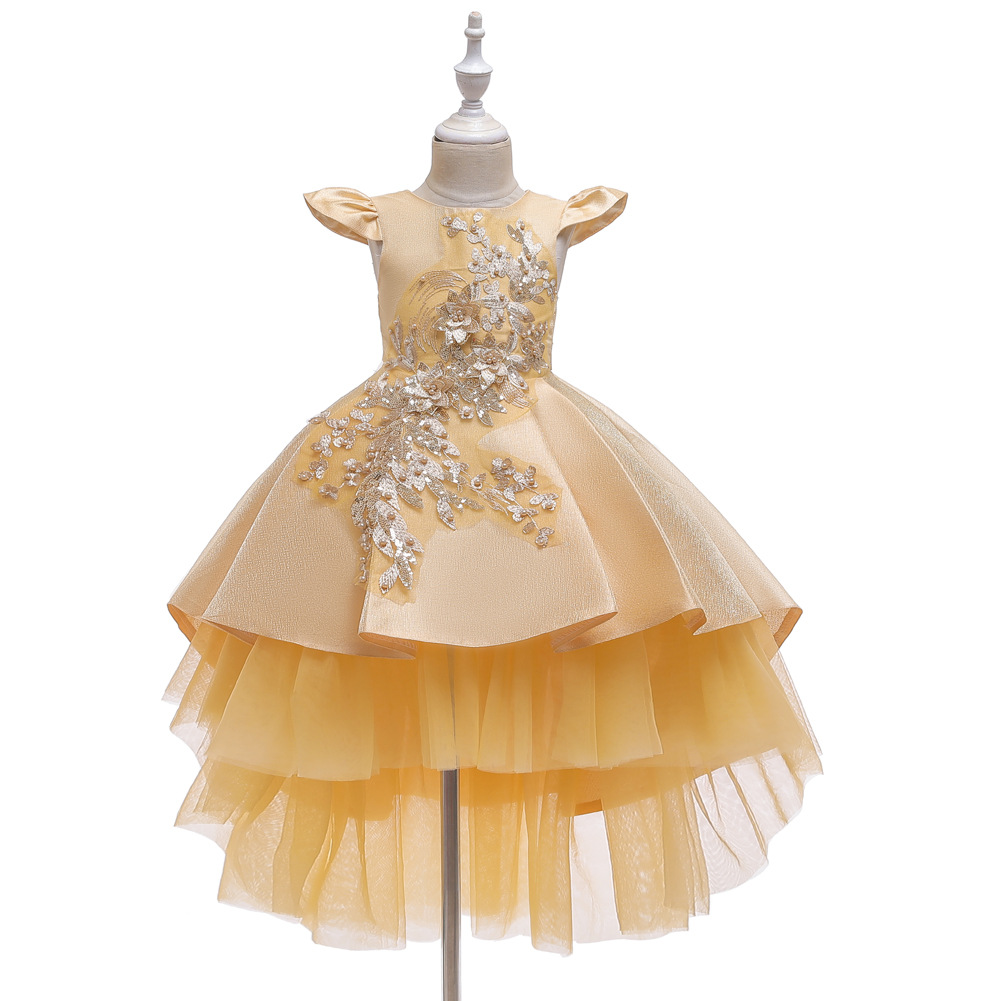 Baihui children's wedding dress puffy yarn flower children's piano costume trailing girl's dress host catwalk princess dress