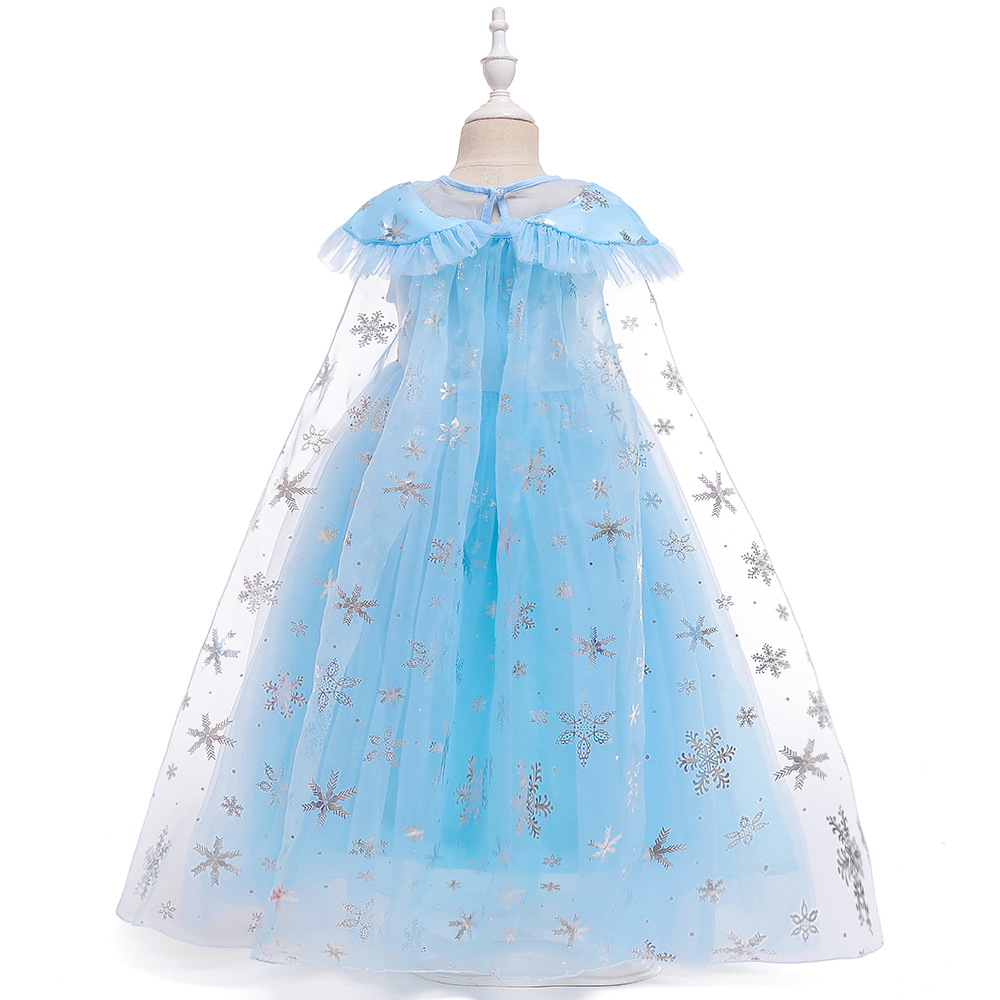 Princess Elsa's Sheer Lace Print Long Cape Princess Dress Costume Sparkling Frozen Performance Dress