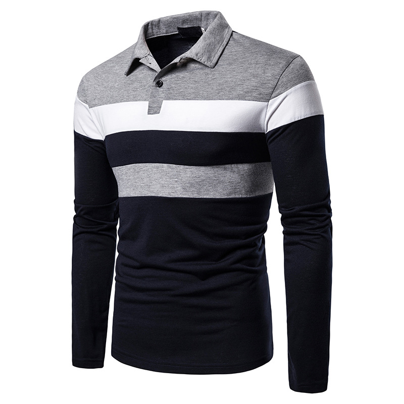 Men's POLO three-color stitching fashion design casual cross-border Men's lapel long sleeve POLO B56