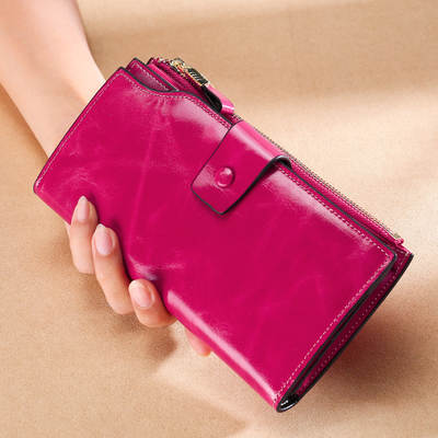 Cross-border Genuine Leather Long Women's Wallet rfid Anti-theft Brush Multi-card Wallet Vintage Oil Wax Leather Girl's Clutch