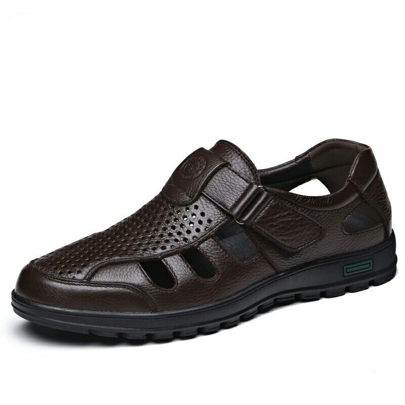 2021 Summer New Cowhide Middle-aged and Elderly Genuine Leather Casual Fashion Hollow Out Dad Soft Sole Sandals Soft Surface Anti-slip Shoes