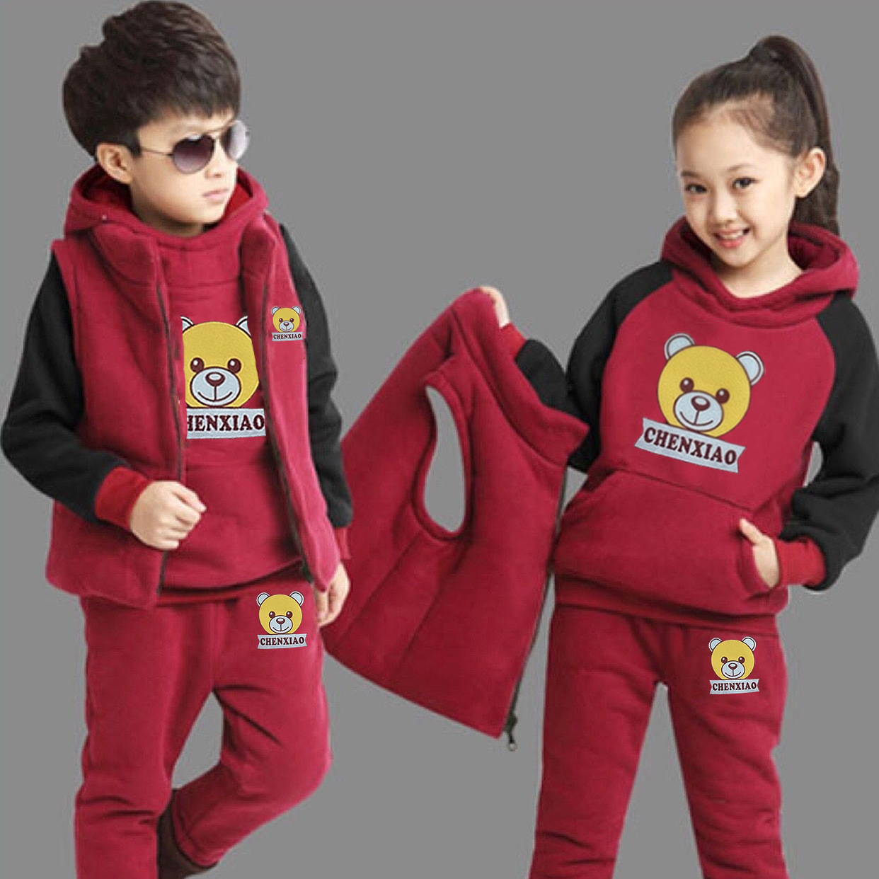 [Jacket + Pants + Vest] Children's Autumn and Winter Suit Boys and Girls Sweater plus velvet warm three-piece children's clothing