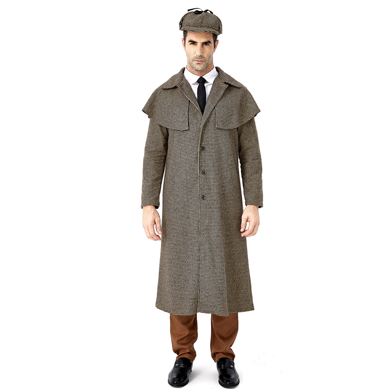 Halloween Male Movie Character Detective Sherlock Holmes Plays Costume British Plaid Turtleneck Coat