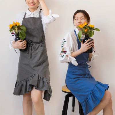 Japanese Style Cotton and Linen Pleated Butterfly Tail Apron Flower Shop Coffee House Work Clothes Fashionable Simple Home Bib Printed LOGO