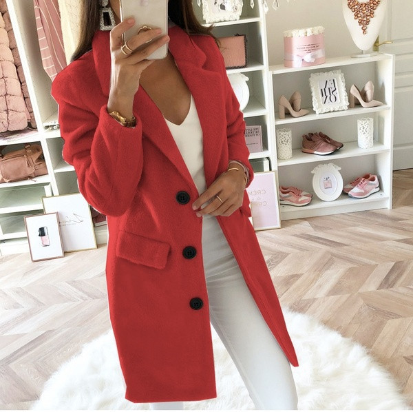 2019ebay AliExpress wish Autumn and Winter Solid Color Suit Collar Mid-Length Double Breasted Woolen Coat for Women