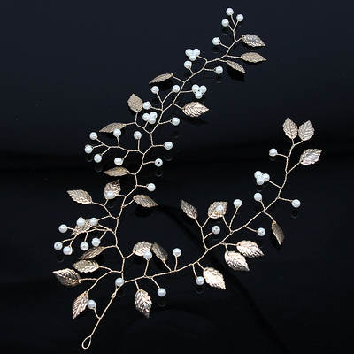 Factory Direct bridal headdress simple golden leaf pearl hair band studio style dress wedding accessories