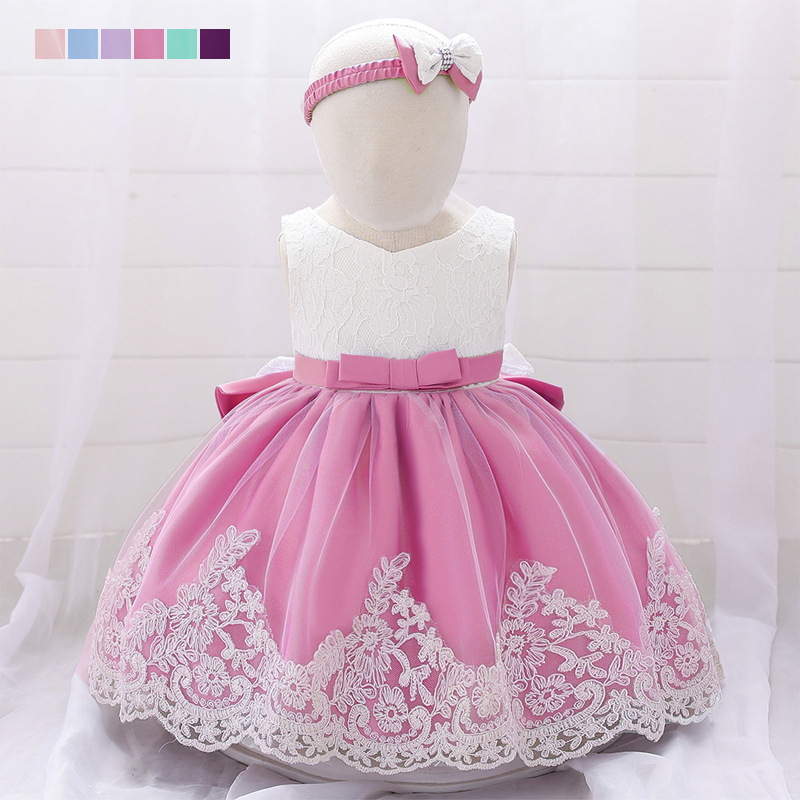 Amazon Baby Dress Big Bow Lace Wedding Princess Dress Baby One Year Old Wash Dress Hair Belt