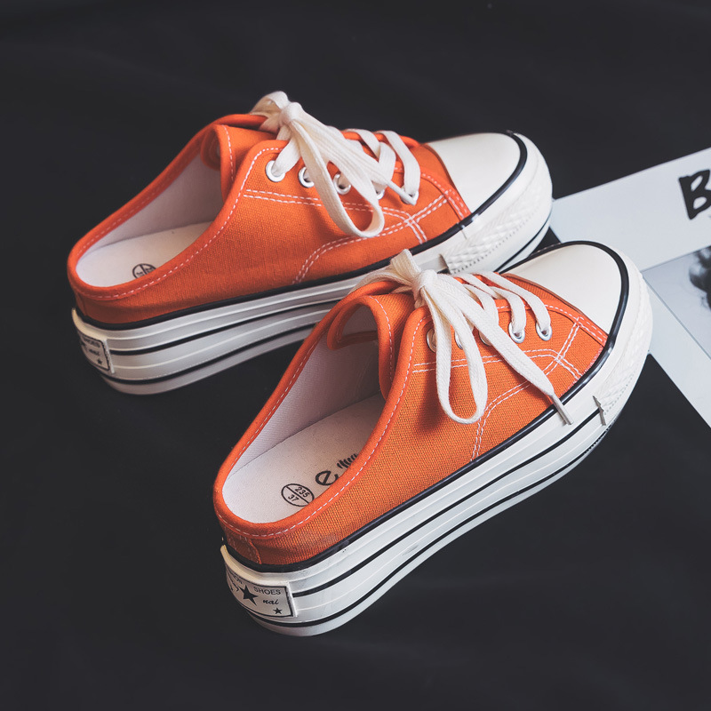 2019 Summer New Style Backless Lazy Shoes Women's Inner Height Increasing Canvas Shoes Half-drag One-step Platform Casual Cloth Shoes