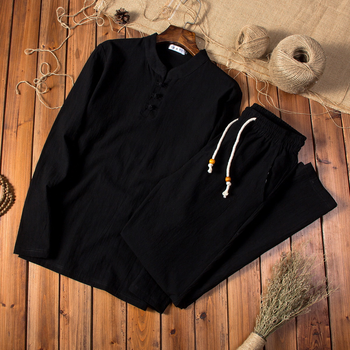 Spring and Autumn New Chinese Style Men's Solid Color Cotton and Linen Long-sleeved Pants Set Men's Large Size Loose Fashionable Two-piece Set
