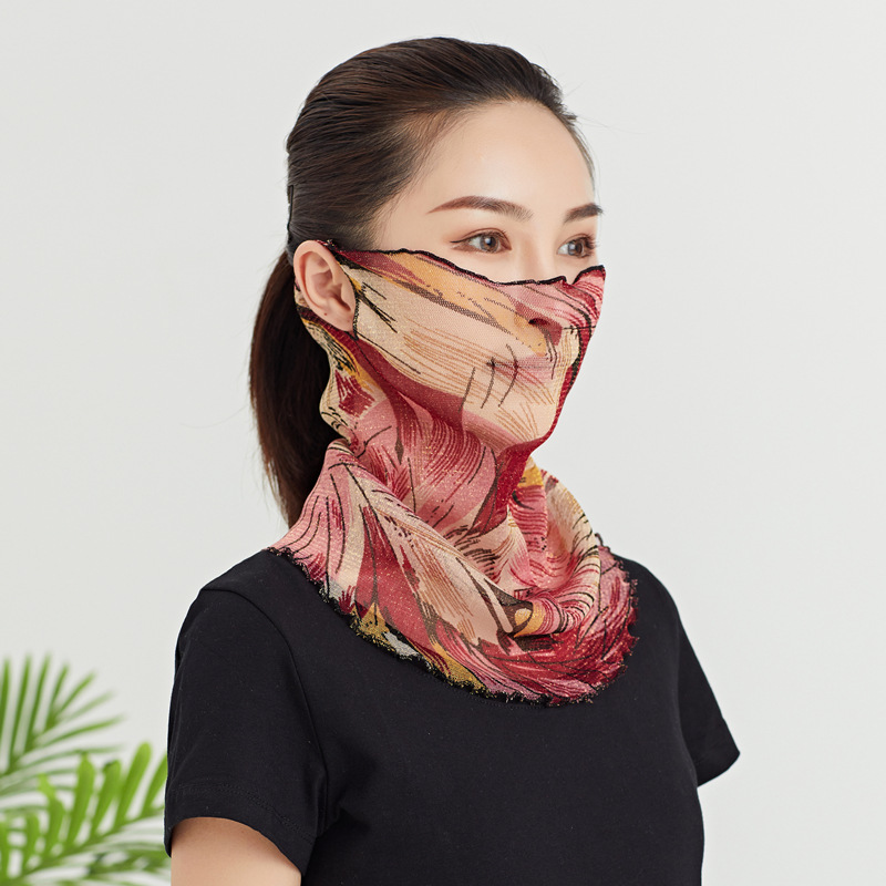 Gold Silk Hanging Ear Varied Neck Women's Spring and Summer Sunscreen Decorative Veil Mask Multifunctional Silk Scarf Neck Protection Small Scarf