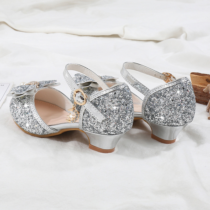 Girls High Heels Fashion Spring New Arrival Sequin Bow Shoes Children Dance Single Shoes Baotou Princess Shoes