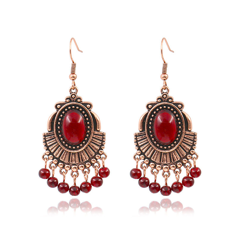 European and American New Retro Red Garnet Earrings Women's Geometric Transfer Earrings Ear Jewelry Round Face Slimming