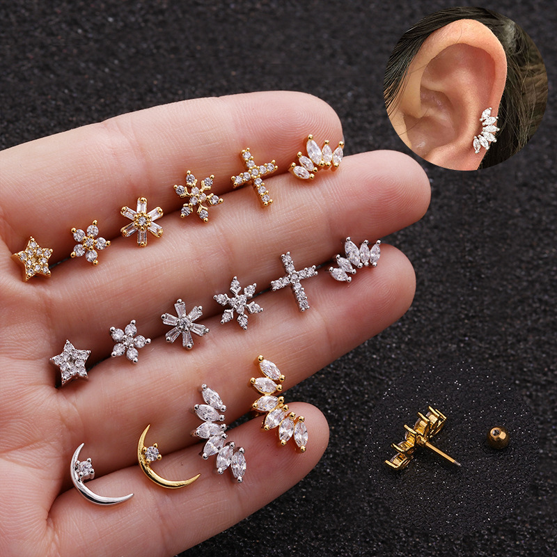 Snowflake zircon earrings Korean stainless steel twist ball earrings foreign trade creative ear piercing jewelry five-pointed star earrings