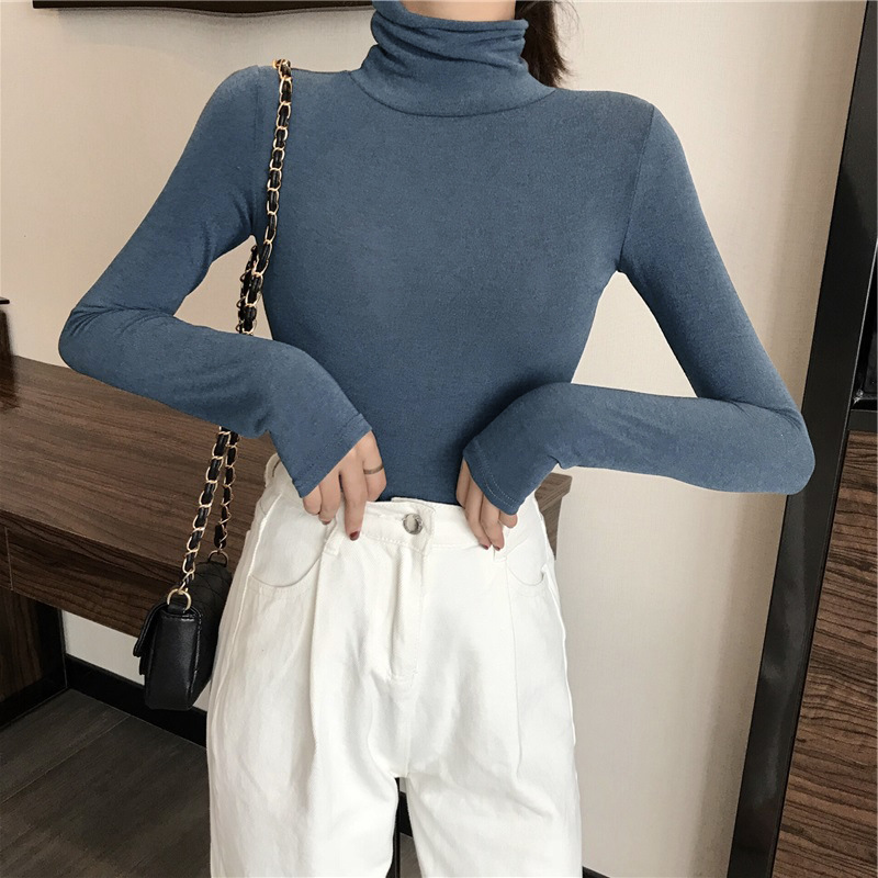Solid Color High Collar Base Shirt Women's 2023 All-match Korean Style Internet Popular Autumn and Winter Inner Long Sleeve T-shirt Women's Slim-fit Top Trendy
