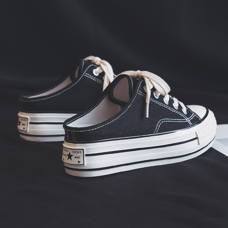 2019 Summer New Style Backless Lazy Shoes Women's Inner Height Increasing Canvas Shoes Half-drag One-step Platform Casual Cloth Shoes