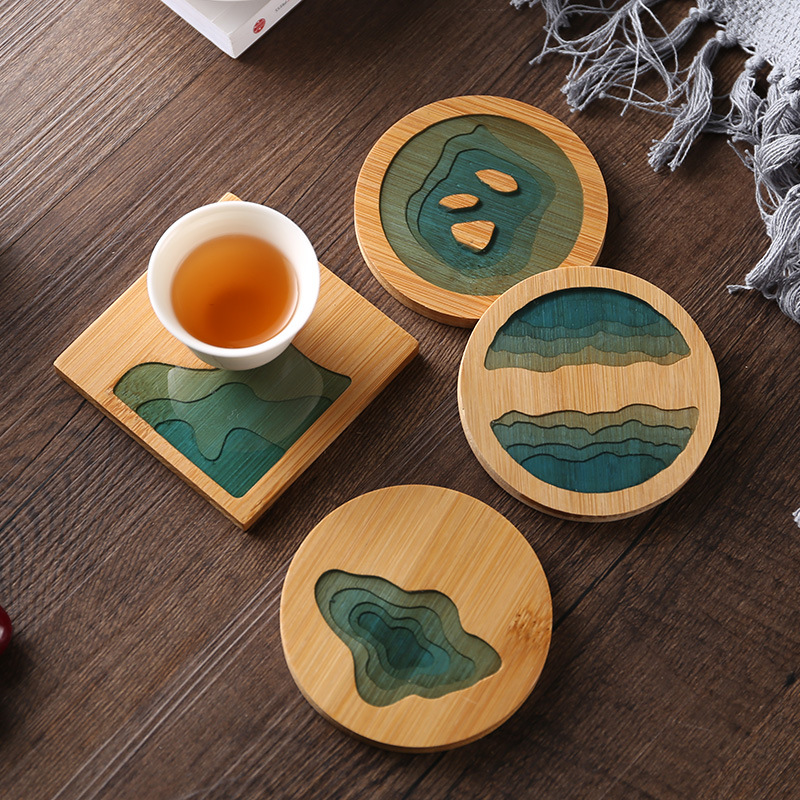 Creative Epoxy Transparent Bamboo Round Tea Cup Mat Cup Holder Heat Insulation Mat Kung Fu Tea Set Tea Ceremony Accessories Supplies