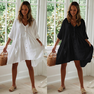 Beach Blouse Loose Button Man Cotton Bamboo Beach Blouse Holiday Skirt Bikini Outer Blouse 19049 L