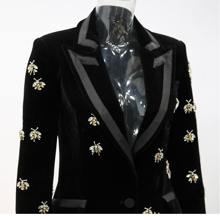 Spot 2024 spring and autumn new fashion velvet fabric bee beaded heavy industry long suit jacket women_voghion.com