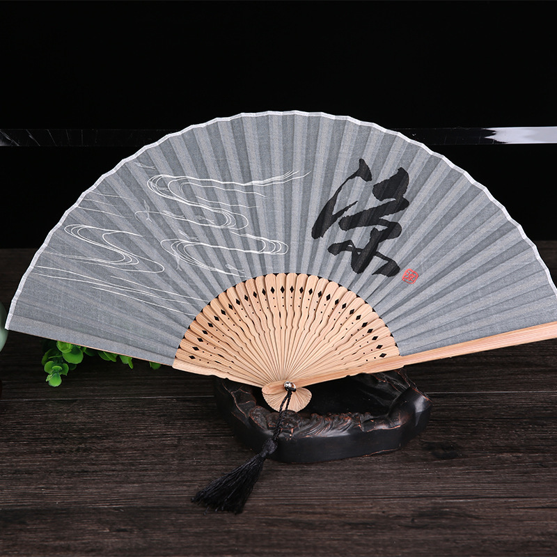 Chinese Style Zen Japanese Style Folding Fan with Bamboo Handle and Kimono Fan Cotton and Linen Fan Dragonfly Ink Mood Empty Cool