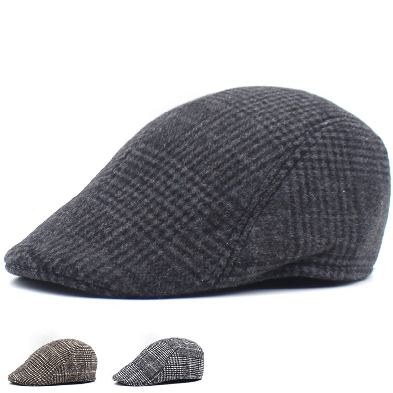 Men's Beret Autumn and Winter Thickened Warm Cap Elderly Forward Cap Casual Vintage Plaid Hat for Men