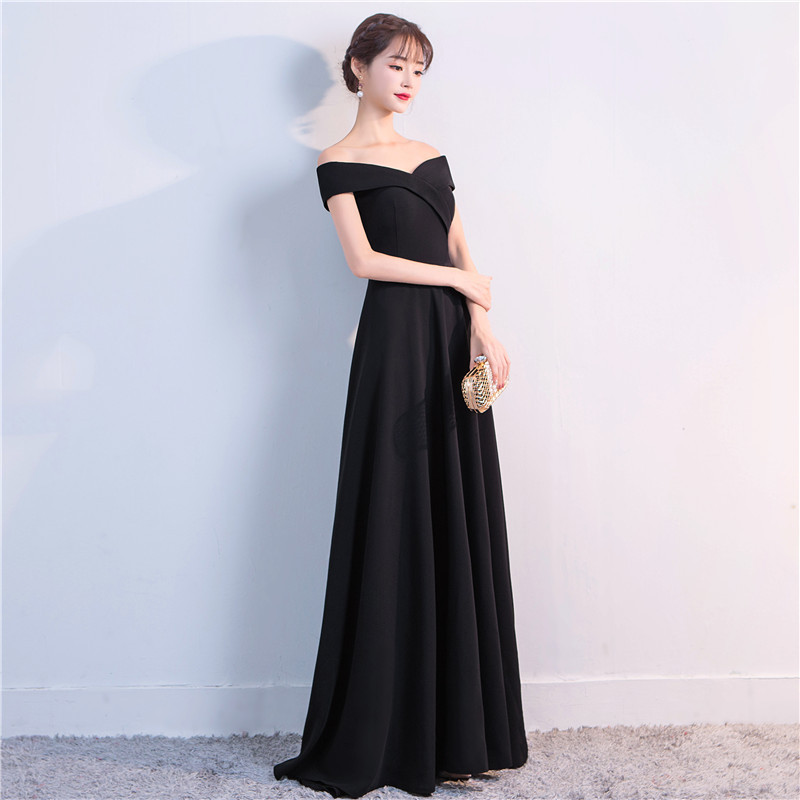 Evening dress women's new banquet bridesmaid black party dress wedding annual meeting performance off-shoulder long dress