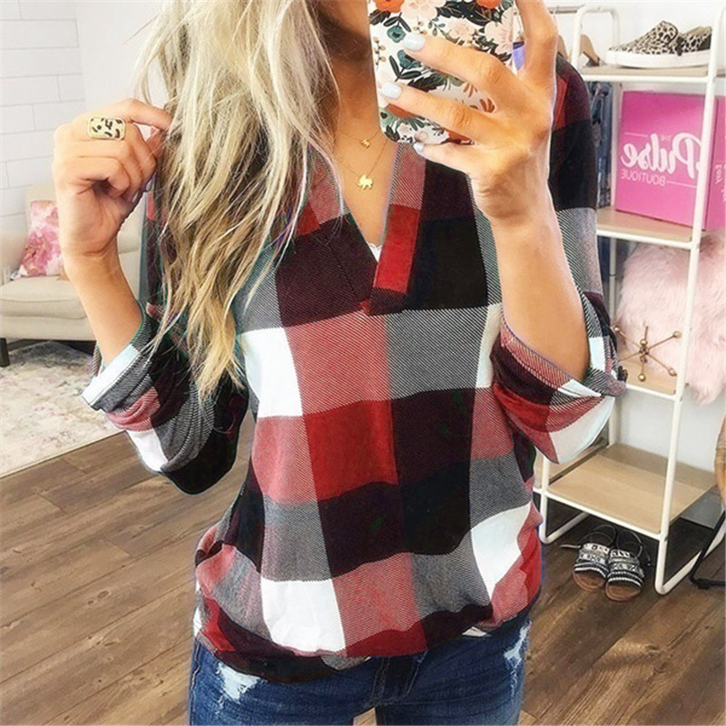 Cross-border European and American Foreign Trade women's clothing new WISH Hot Spring and Autumn shirt plaid printed V-neck long-sleeved top T-shirt