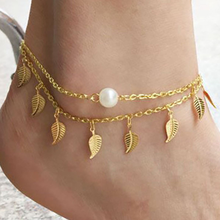 Cross-border jewelry multi-layer anklet ladies all-match tassel layered leaf pearl anklet wholesale