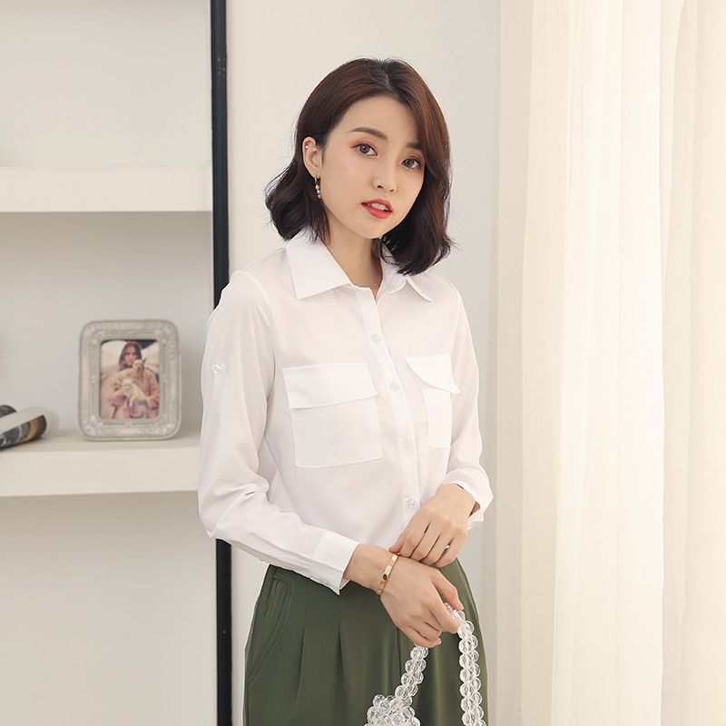 White long sleeve shirt Women's European and American style double pocket fashion personality mid-length loose shirt Korean style artistic solid color