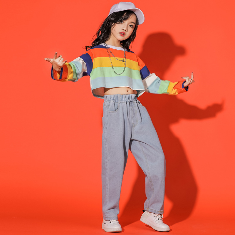 爵士舞女童嘻哈t台走秀潮服街舞套裝寬鬆露臍時尚演出服酷炫秋裝
