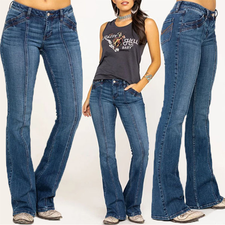 Factory direct purchase independent station wish ladies jeans slim fit slim washed flared pants women's pants pants