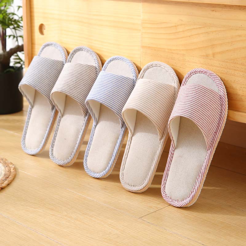 Four seasons linen home slippers indoor home floor EVA non-slip couple striped linen slippers for men and women Wholesale