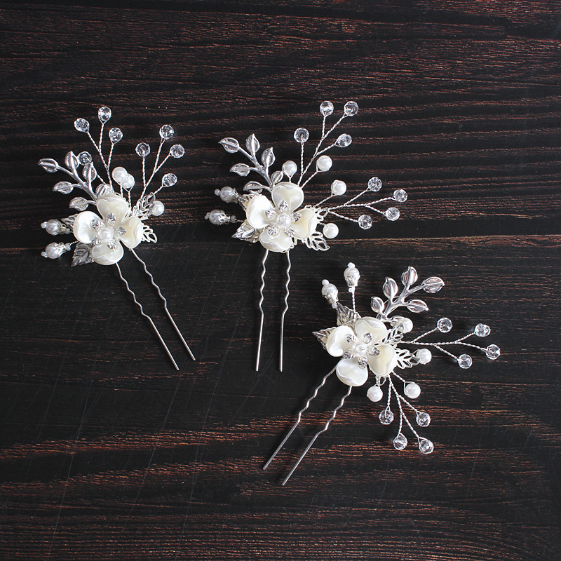 Korean style bridal headdress Pearl Flower leaf hair fork wedding accessories handmade hairpin U-shaped clip