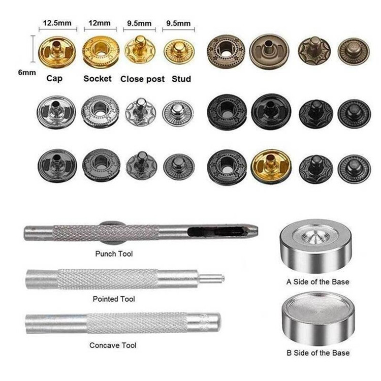 跨境633#6色金属四合扣套装+安装工具打孔钳扣子纽扣羽绒服按扣