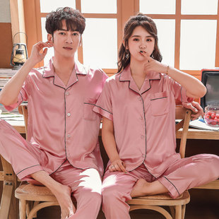 Korean-style Couple Pajamas Women's Summer Short-sleeved Shorts Cardigan Silk Satin Men's Plus Size Ice Silk Home Clothes