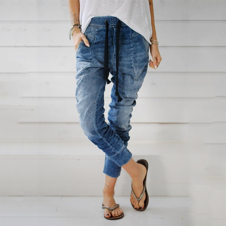 Spot direct purchase wish Amazon Europe and the United States cross-border ladies denim pants leg lace-up denim pants Harlan pants