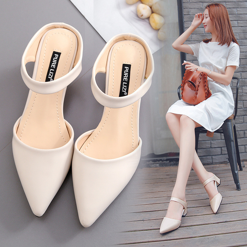 2020 Spring and Summer Korean Style New Style Baotou Mid-heel Sandals and Slippers Women's Pointed One-toe Chunky Half-heel Slippers Trendy