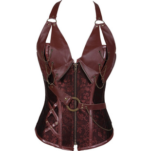 New European and American Court Dress Brown 14 Steel Bone Punk Leather Corset with Belt Hanging Shaper