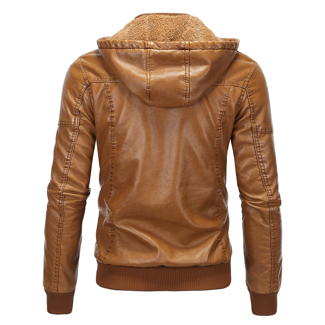 Pure European Size 2019 Men's Leather Jacket Fleece-lined Warm Leather Jacket Classic Faux Sheepskin Hooded Leather Jacket 1603