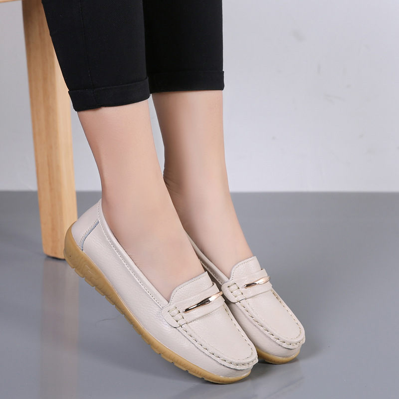 2023 New Cross-border Two-layer Cowhide Middle-aged and Elderly Mother Shoes Women's Single Shoes Bean Shoes Genuine Leather Soft Bottom Wedge Nurse