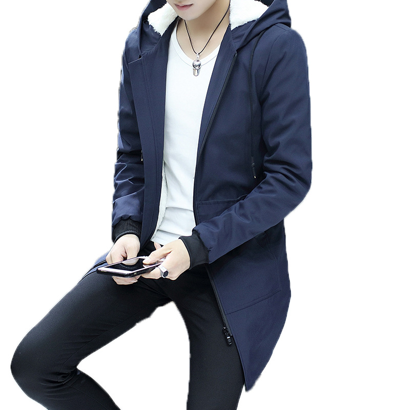 Winter New Men's Mid-length Hooded Coat Men's Korean Style Youth Casual Fleece-lined Thickened Jacket Coat Men's Wear