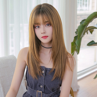 Big goods wholesale women's long hair realistic natural full head cover long straight hair air bangs wig fluffy Internet celebrity hair cover