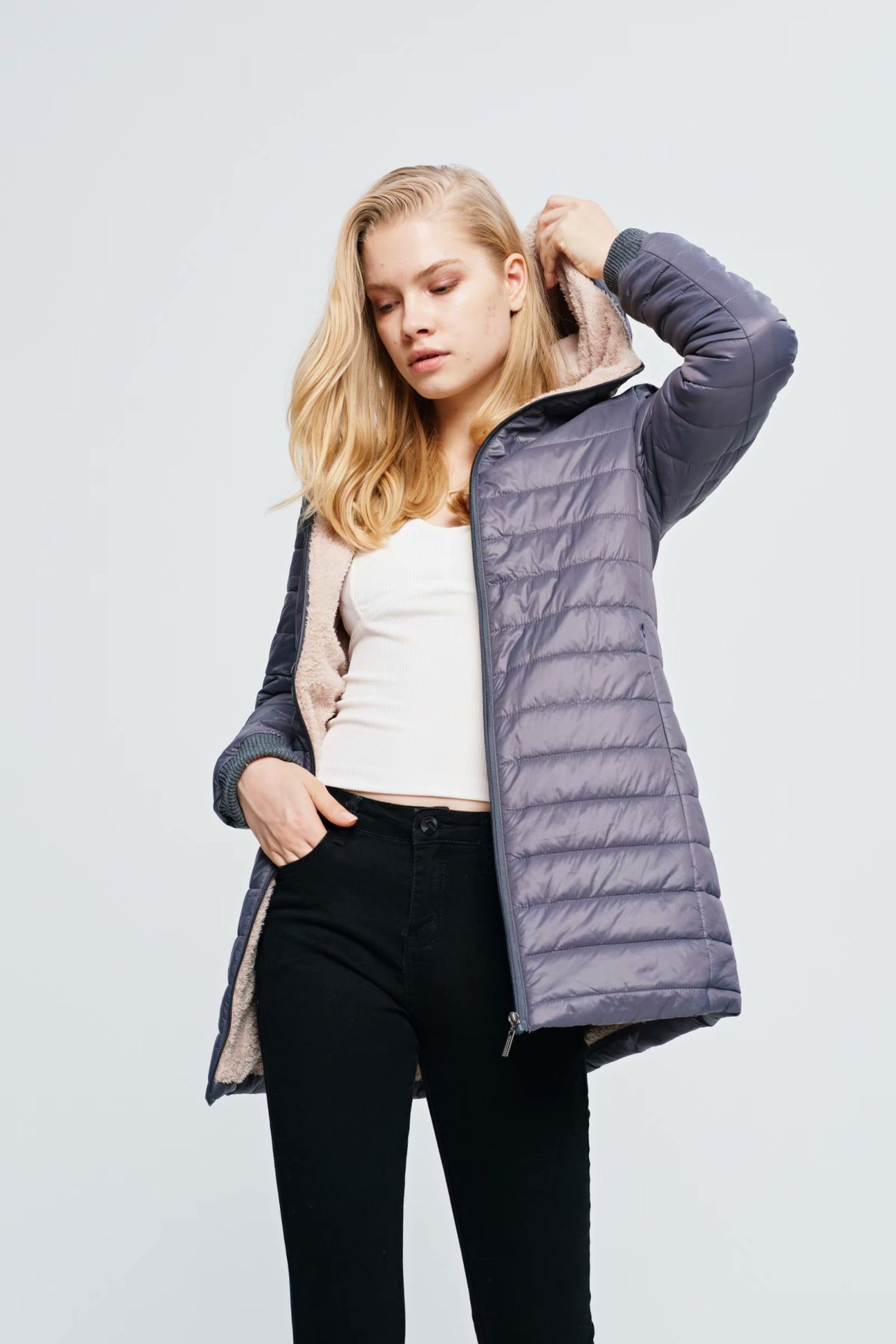 24 autumn and winter new long Korean style hooded slim fit plus velvet cotton long hooded plaid cotton women's cotton-padded jacket_voghion.com