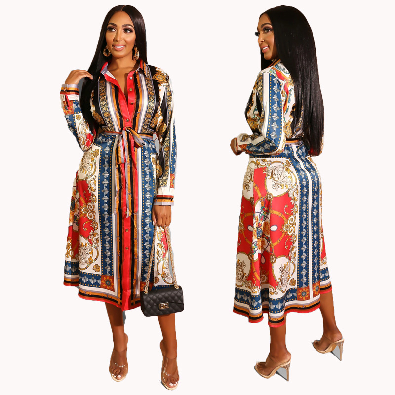 887 foreign trade Amazon retro ethnic women's clothing European and American printed long sleeve shirt African dress autumn