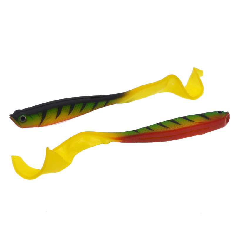 Open belly fish long coil tail soft bait Luya bait green leopard print fake bait empty freshwater fishing gear proposed bait
