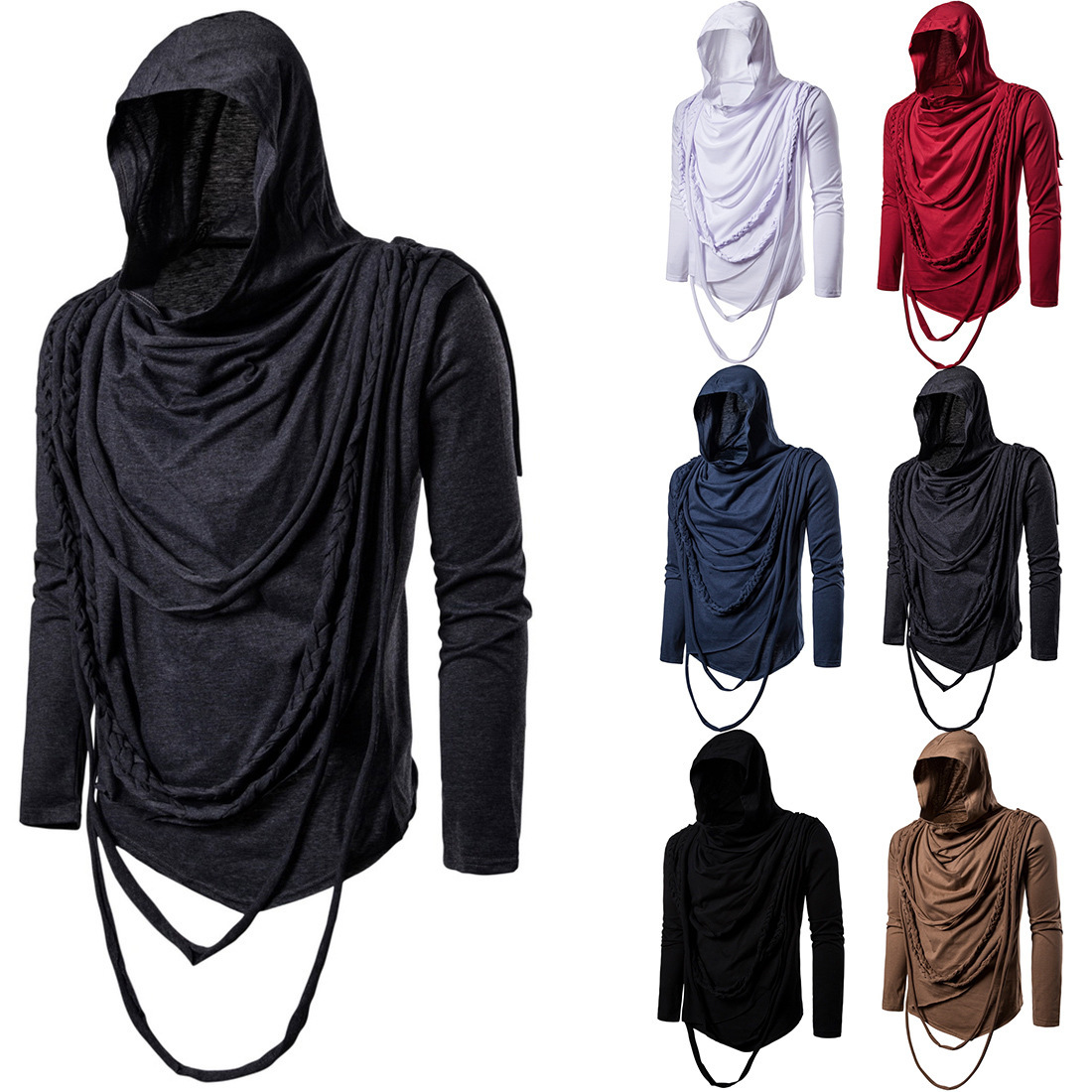 Autumn New Men's Solid Color Hooded Long-sleeved Pullover T-shirt Large Size Stack Collar Hip-hop Long-sleeved T-shirt European Size