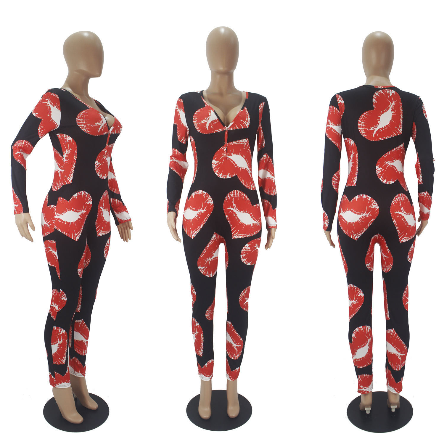 D9461 Amazon Hot Cross-border European and American Women's Casual Lip Print Long Sleeve Trousers Home Jumpsuit