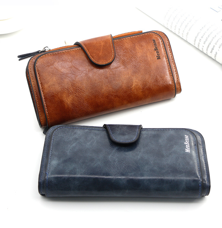 Stilvolle lange Geldbörse für Damen, einfaches Ölwachsleder, einfarbig, Münzgeldbörse, Clutch für Damen_voghion.com